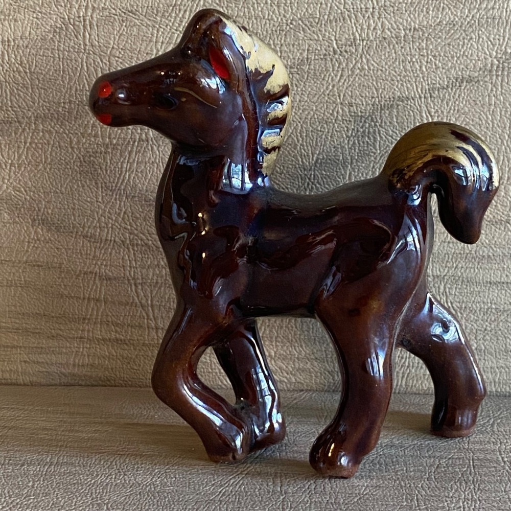 Vintage Ceramic Brown & Gold Horse Figurine With Glossy Finish 4"  tall